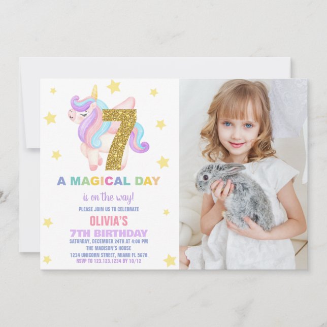 Convites Foto do Star Rainbow Unicorn Birthday Invances (Frente)