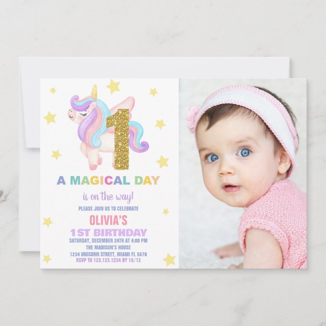 Convites Foto do Star Rainbow Unicorn Birthday Invances (Frente)