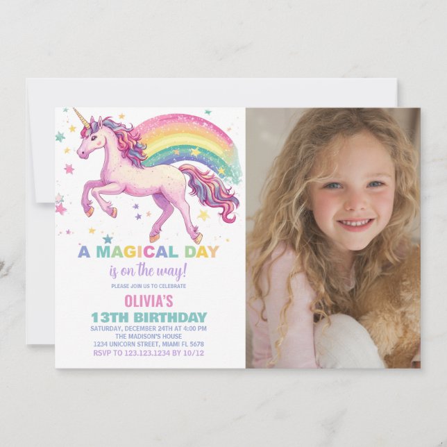 Convites Foto do Star Unicorn Rainbow Birthday (Frente)