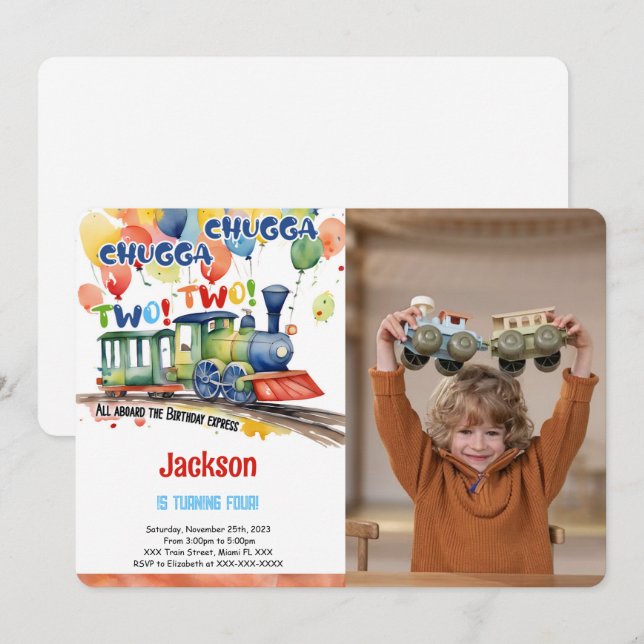 Convites Foto do Trem da Festa de Aniversário de 4 anos (Frente/Verso)