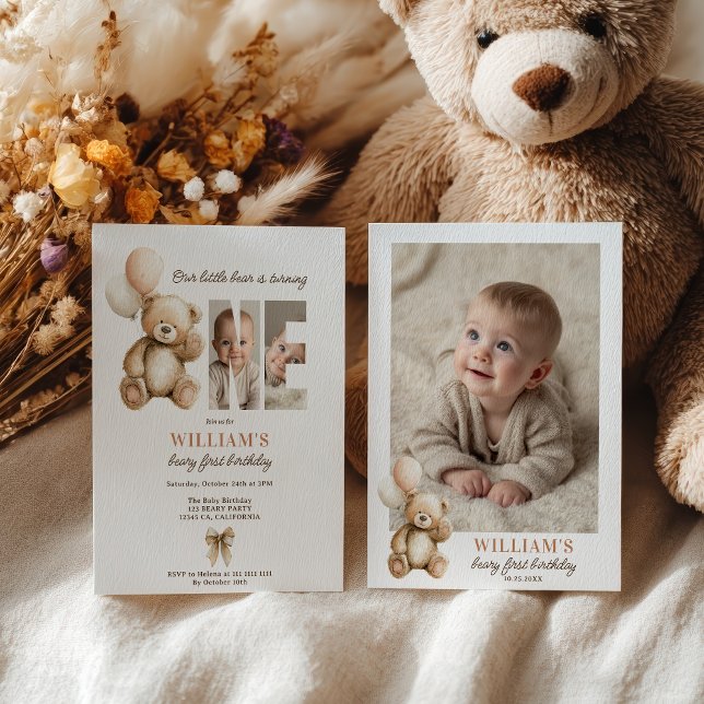 Convites Foto do Urso de Teddy primeiro aniversario de Urso (Cute brown Beary 1st Birthday Teddy Bear Photo Invitation)