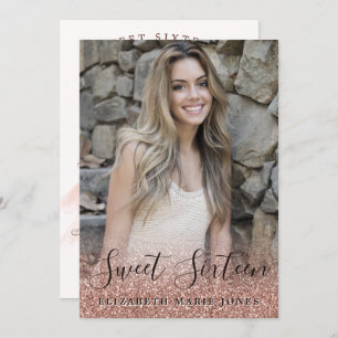 Convites Foto do vestido de glitter Dourado rosa Doce 16 An