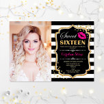 Convites Foto Doce 16 Aniversário - Dourado Beijo Rosa<br><div class="desc">Foto Doce 16 Aniversário - Dourado Beijo Rosa. Doce dezesseis convites de aniversário com sua foto. Apresenta faixas brancas pretas,  fonte de script,  lábios beijam e confetti. Design cor-de-rosa branca,  branca e fúcsia com ouro brilhante. Perfeito para uma elegante festa de 16 dias.</div>