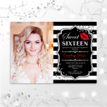Convites Foto Doce 16 Aniversário - Vermelho Kiss Silver Bl<br><div class="desc">Foto Doce 16 Aniversário - Vermelho Kiss Silver Black. Doce dezesseis convites de aniversário com sua foto. Apresenta faixas brancas pretas,  fonte de script,  lábios beijam e confetti. Design vermelho preto clássico com prata brilhante. Perfeito para uma elegante festa de 16 dias.</div>