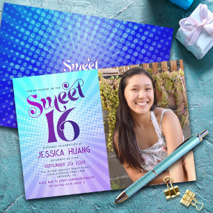 Convites Foto Doce 16 Groovy Gradiente Roxo Azul Retro