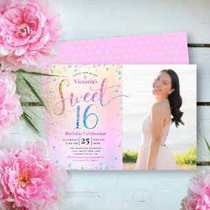 Convites Foto Doce 16 Rainbow Glitter Foil Foil Aniversário