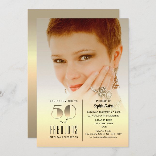 Convites Foto Dourada 50º aniversário (Frente/Verso)