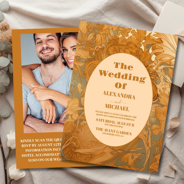 Convites Foto Dourada Arte Floral Nouveau Casamento (Criador carregado)