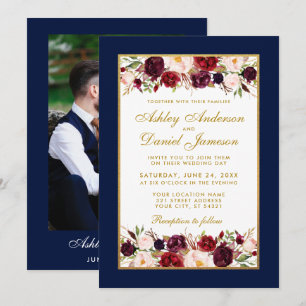 Convites Foto Dourada Azul Floral Elegante de Casamento