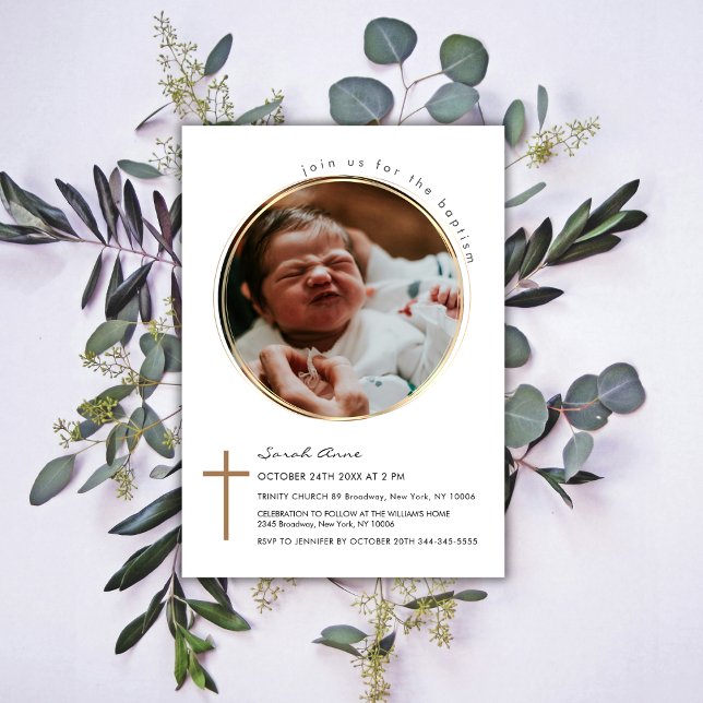 Convites Foto Dourada Batismo em Círculo Arredondado Modern (Modern Round Circle Photo Gold Cross Baptism Invitation)