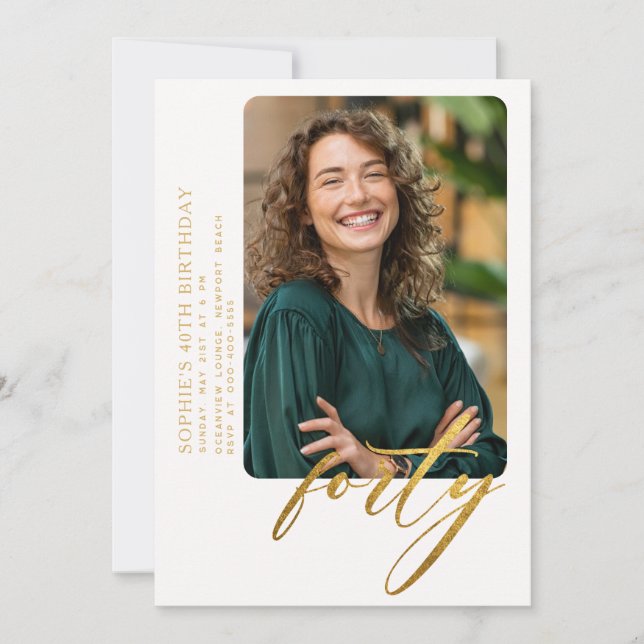 Convites Foto Dourada branca de aniversário de 40 anos mode (Frente)