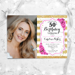 Convites Foto Dourada branca, rosa, cor-de-rosa, 50º aniver<br><div class="desc">Elegante convite floral feminino para o 50º aniversário com sua foto. Glam, branco e cor-de-rosa bebê com ouro brilhante falso. Apresenta faixas, rosas de rosa claro, fonte de script e confetti. Perfeito para uma festa de comemoração de na moda adulto. Personalize com seus próprios detalhes. Pode ser personalizado para qualquer...</div>