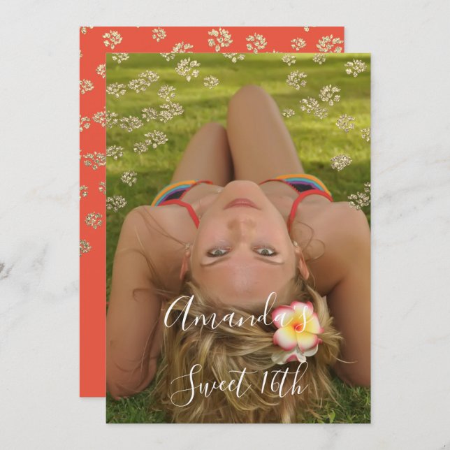 Convites Foto Dourada Confetti Spark de 16° Flor Coral (Frente/Verso)