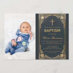 Convites Foto Dourada Cruz e Script do Menino Azul Baptism