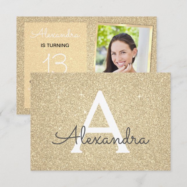 Convites Foto Dourada de 13 Birthday Sparkle Luxury (Frente/Verso)