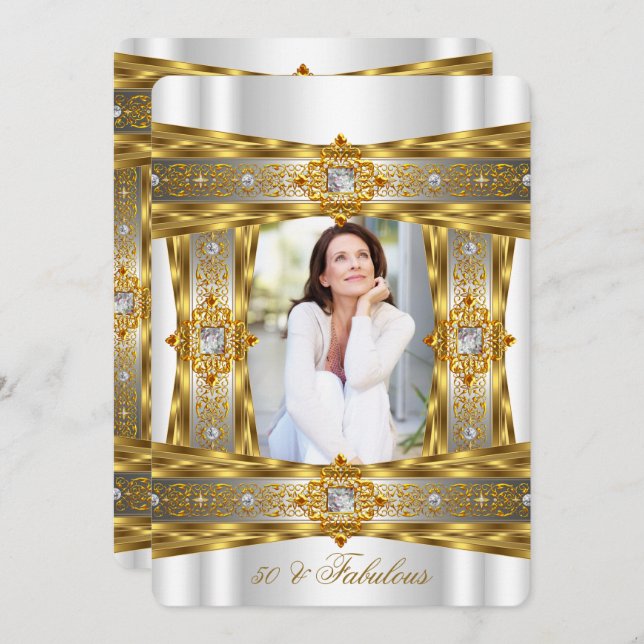 Convites Foto Dourada de 50 Gem Diamante Elegante (Frente/Verso)