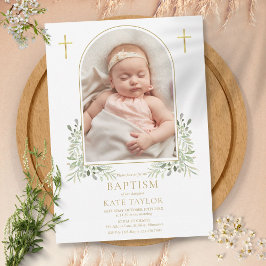 Convites Foto Dourada de Arco Baptism Christening Greenery
