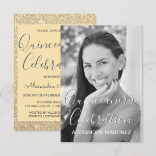 Convites Foto Dourada de brilho - Celebração de Quinceane