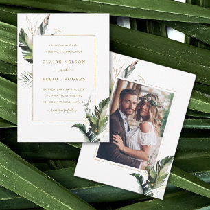 Convites Foto Dourada de Casamento de Folhagem de Água Tro