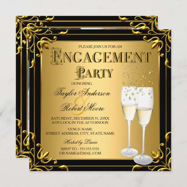 Convites Foto Dourada de Festa de noivado Preta de Champagn (Frente/Verso)