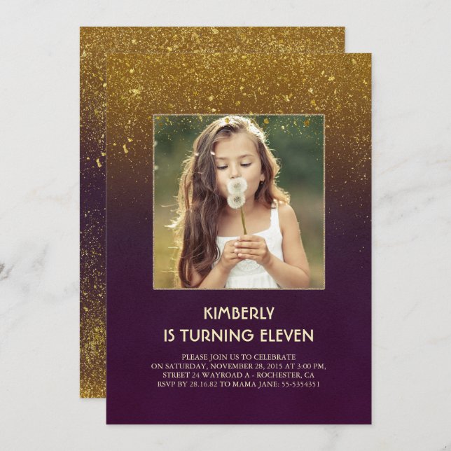 Convites Foto Dourada de Glam Vintage (Frente/Verso)