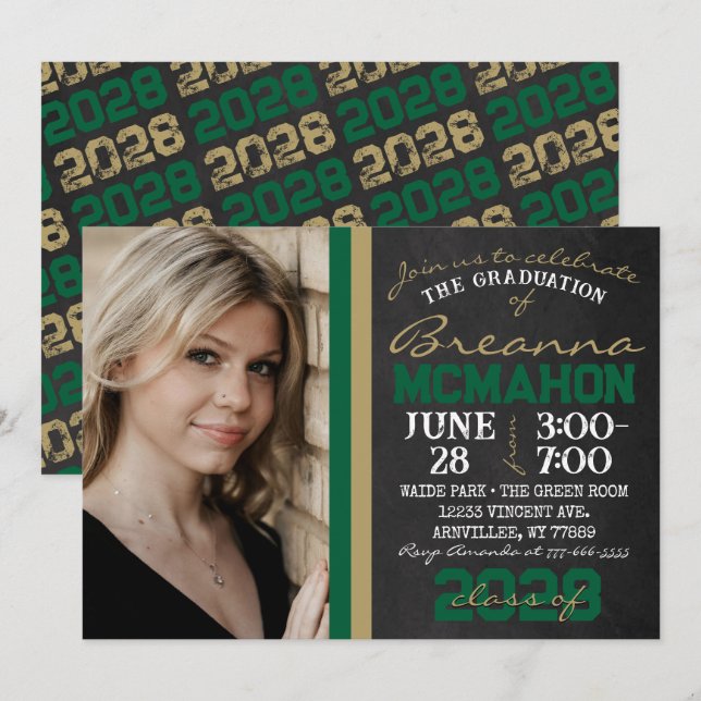 Convites Foto Dourada de Graduação em Quadro Chalkboard em  (Frente/Verso)