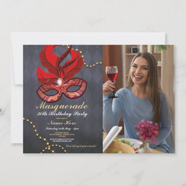 Convites Foto Dourada de máscara vermelha Festa de aniversá (Frente)