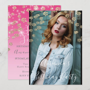Convites Foto Dourada de Ombre Confetti, 16ª Flores Rosa