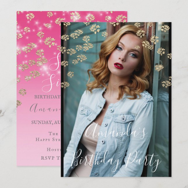 Convites Foto Dourada de Ombre Confetti, Flores Rosa 16, do (Frente/Verso)