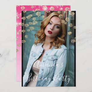 Convites Foto Dourada de Ombre Confetti, Flores Rosa 16, do