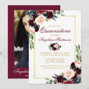 Convites Foto Dourada de Quinceanera Floral Azul Burgundy