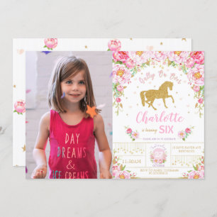 Convites Foto Dourada de Rapariga de Aniversário Rosa