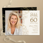 Convites Foto Dourada de surpresa Black Elegant 60º anivers<br><div class="desc">Sorvete floral e convite de aniversário 60º surpresa negra com sua foto na frente do cartão. Elegante design moderno com desenhos botânicos desenhados em destaque e letra de script de tipografia. Simples trendy convida cartão perfeito para uma festa de na moda. Pode ser personalizado para qualquer idade. Impressos convites Zazzle...</div>
