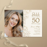 Convites Foto Dourada de Surpresa Elegante 50º Aniversário<br><div class="desc">Surpresa com creme de ouro floral 50º convite de aniversário com sua foto na frente do cartão. Elegante design moderno com desenhos botânicos desenhados em destaque e letra de script de tipografia. Simples trendy convida cartão perfeito para uma festa de na moda. Pode ser personalizado para qualquer idade. Impressos convites...</div>