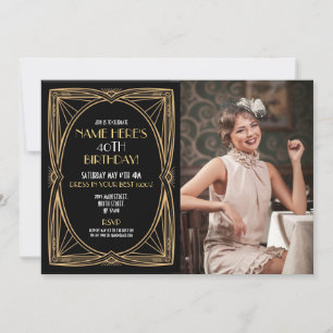 Convites Foto Dourada do partido Art Deco Birthday Gatsby d