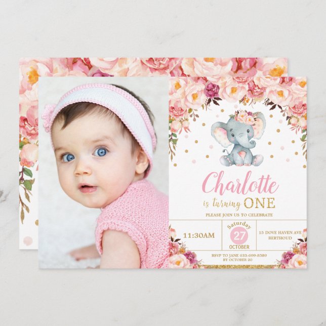 Convites Foto Dourada do primeiro aniversario Elefante Flor (Frente/Verso)