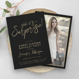 Convites Foto Dourada e Negra Moderna Surpresa Sweet 16