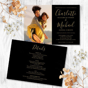 Convites Foto Dourada E Preta Casamento Em Um Único