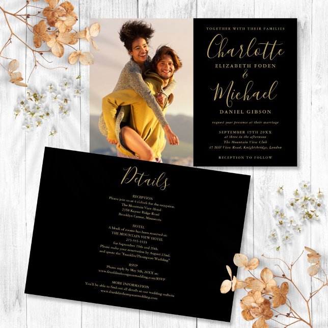 Convites Foto Dourada E Preta Casamento Em Um Único (Black And Gold Script Photo Wedding All In One Invitation)