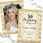 Convites Foto Dourada e simples Elegante 50º aniversário<br><div class="desc">Elegante convite de 50 anos femininos com sua foto na parte de trás do cartão. Design de vidro com ouro brilhante falso. Apresenta faixas douradas, fonte de script e confetti. Perfeito para uma festa de comemoração de na moda adulto. Personalize com seus próprios detalhes. Pode ser personalizado para qualquer idade!...</div>