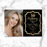 Convites Foto Dourada Elegante 50º aniversário<br><div class="desc">Elegante 50º convite de aniversário com sua foto. Design preto de vidro moderno com ouro brilhante falso. Possui fonte de script e confetti. Perfeito para uma festa de comemoração de na moda adulto. Personalize com seus próprios detalhes. Pode ser personalizado para qualquer idade! Impressos convites Zazzle ou modelo de impressão...</div>