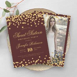 Convites Foto Dourada elegante Confetti Foto Sweet 16