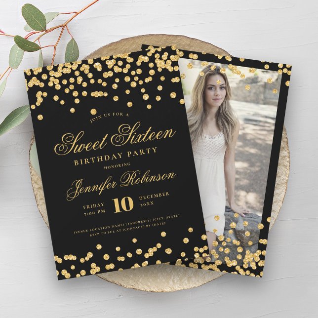 Convites Foto Dourada Elegante Confetti Sweet 16 (Elegant Black Gold Confetti Photo Sweet 16 Invitation)