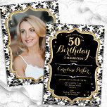 Convites Foto Dourada Elegante de branco preto Foto 50º ani<br><div class="desc">Elegante convite floral feminino de 50 anos com sua foto no final do cartão. Design branco preto de vidro com ouro brilhante. Apresenta cor damasco preta e branca, fonte de script e confetti. Perfeito para uma festa de comemoração de na moda adulto. Personalize com seus próprios detalhes. Pode ser personalizado...</div>