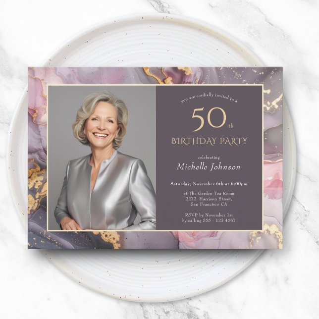 Convites Foto Dourada Elegante rosa 50º aniversário (Elegant Pink Gold Photo 50th Birthday Invitation)