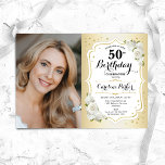 Convites Foto Dourada emblemática 50º aniversário do Elegan<br><div class="desc">Elegante convite floral feminino para o 50º aniversário com sua foto. Design com ouro falso. Possui rosas brancas, fonte de script e confetti. Perfeito para uma festa de comemoração de na moda adulto. Personalize com seus próprios detalhes. Pode ser personalizado para qualquer idade! Impressos convites Zazzle ou modelo de impressão...</div>