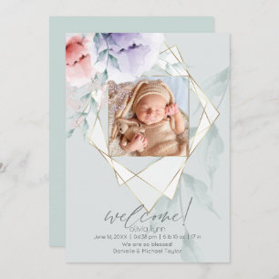 Convites Foto Dourada facetada Coral e Peônias Liláticas