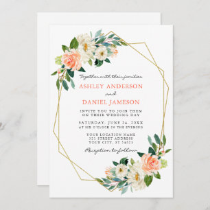 Convites Foto Dourada Floral de Coral de Aquarela Elegante