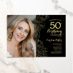 Convites Foto Dourada Floral Elegante 50º Aniversário<br><div class="desc">Convite de aniversário preto de ouro floral 50º com sua foto na frente da placa. Design minimalista moderno com desenhos botânicos em destaque, folha de ouro falsa e letra de script de tipografia. Simples trendy convida cartão perfeito para uma festa de na moda. Pode ser personalizado para qualquer idade. Impressos...</div>