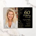 Convites Foto Dourada Floral Elegante 60º Aniversário<br><div class="desc">Convite de aniversário preto de ouro floral 60º com sua foto na frente da placa. Design minimalista moderno com desenhos botânicos em destaque, folha de ouro falsa e letra de script de tipografia. Simples trendy convida cartão perfeito para uma festa de na moda. Pode ser personalizado para qualquer idade. Impressos...</div>